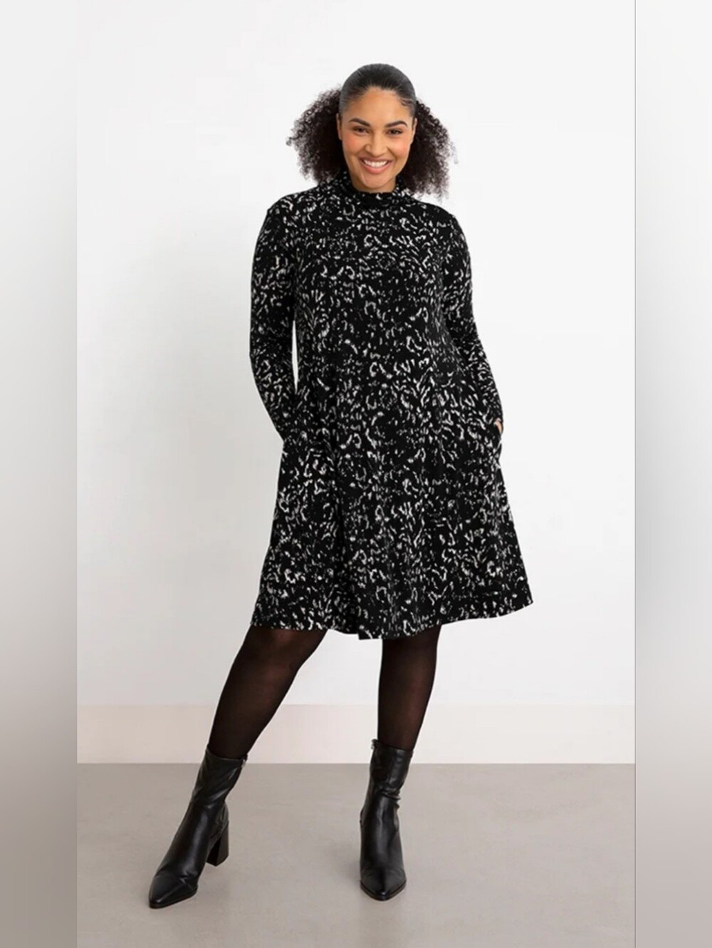 Sympli Turtleneck Trapeze Animal Print Dress